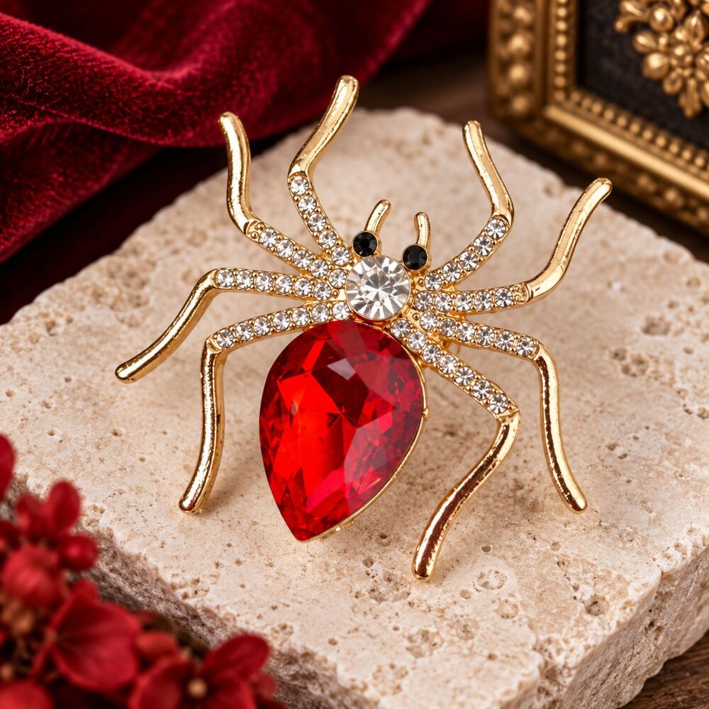 Gold Tone RED Rhinestone Spider Brooch